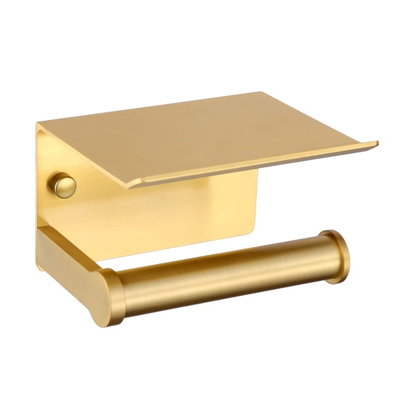 Youda Gold Toilet Paper Holder Wall Mount with Shelf - Self-Adhesive & Screw Mounted, Rust-Resistant Aluminum Bathroom Tissue Dispenser - Image 1
